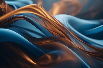 Close-up of luxurious blue and golden silk fabric waves, with a smooth texture creating a sense of...