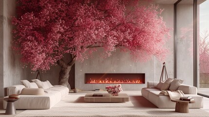 Pink Blossoms and White Sofa A Modern Living Room with a Fireplace Generative AI
