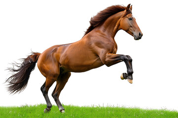 Elegant and beautiful brown horse is running and jumping on transparent background PNG.