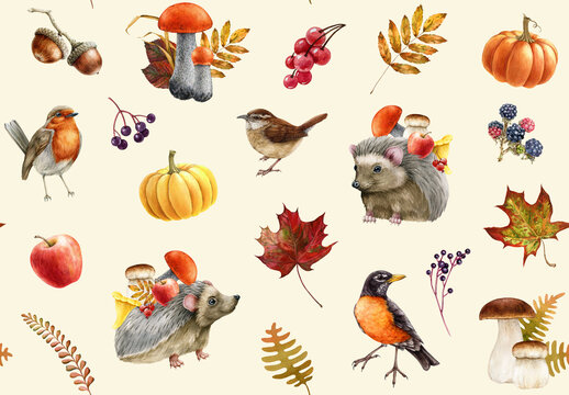 Autumn season decor seamless pattern. Watercolor painted illustration. Hedgehog, backyard birds, forest mushrooms, berries, fallen leaves seamless pattern. Autumn cozy decor in warm colors