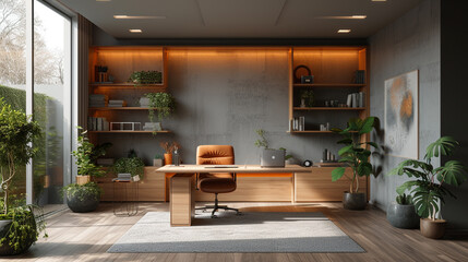 A modern workspace bathed in natural light, with minimalist desk and shelving adorned with pops of color through accessories.