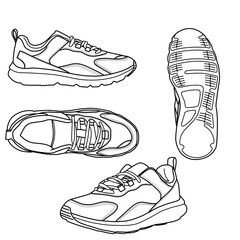 Technical sketch drawing of running shoes, front, top, side, and bottom view. Flat sketch vector, isolated on a white background. - obrazy, fototapety, plakaty