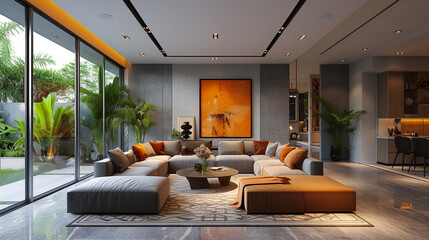 A sleek living room adorned with clean lines and geometric patterns, punctuated by vibrant accent pieces and artwork.