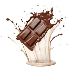 Fototapeta premium chocolate bar piece falling into chocolate splash on a transparent background.
