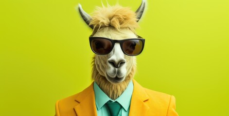 A llama dressed in a yellow jacket wears sunglasses while posing for the camera.