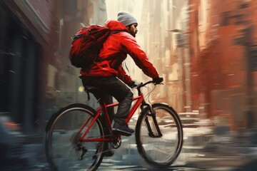A man confidently rides his bike down a bustling city street, navigating through traffic.