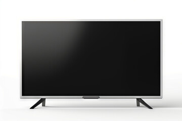 Flat screen tv sitting on top of white table with black screen.