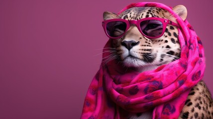 A leopard is captured wearing stylish sunglasses and a vibrant pink scarf, exuding a playful and fashionable demeanor.