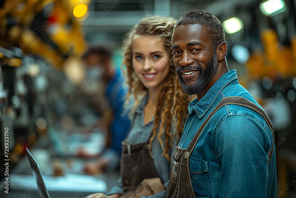 Poster smiling engineer man and woman using laptop in factory.