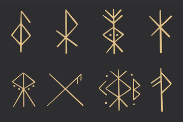 Set golden nordic celtic runes borders, norse protection symbols line style, amulet, witchcraft signs on dark background.