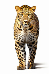 Fototapeta premium Leopard walking across white background with green eye and black spots.