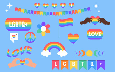 Fototapeta premium Pride LGBTQ+ icon set on blue background. Symbol of the LGBT pride community. Elements in rainbow colors