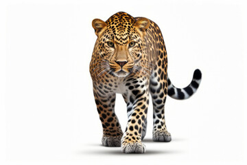 Leopard walking across white background with shadow on it.