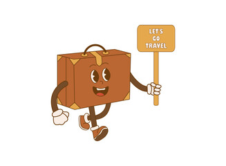 Retro mascot suitcase character cartoon poster. Let's go travel. Adventure journey.   Abstract trendy, vintage, nostalgic aesthetic background