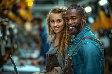 Fototapeta premium Smiling engineer man and woman using laptop in factory.