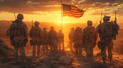 Sunset Salute A Group of Soldiers Standing in Front of a Flag Generative AI - obrazy, fototapety, plakaty
