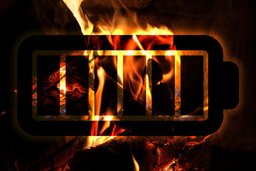 Battery fire, illustration of Li-Ion battery in front of fireplace