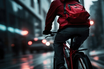A man rides his bike down a street drenched in rainwater, maneuvering through the wet surface with caution.