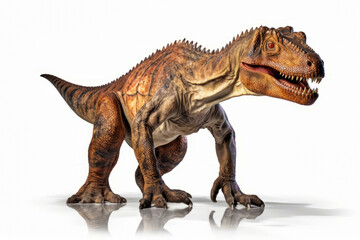 Obraz premium Dinosaur with its mouth open and its teeth wide open, standing on white surface.