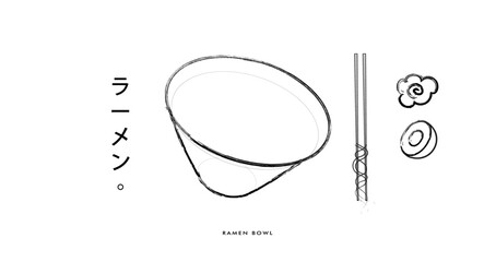 hand drawn illustration of a ramen bowl complete with chopsticks and ramen toppings