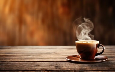Fototapeta na wymiar Cup of coffee on wooden table web banner size. Brown blurred background. Relaxed pace time. Good morning concept. AI Generative.