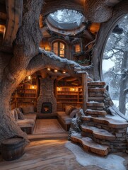 Fototapeta premium Home in a tree hole, Wooden flooring, It has a wood-burning stove, Rich furniture, Winter landscape, Cabin punk, Multi color matching, Wide view, Indoor lighting