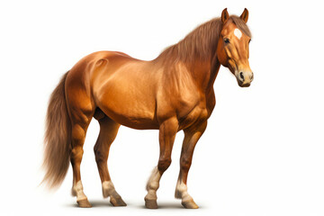 Brown horse standing on top of white background with white spot.