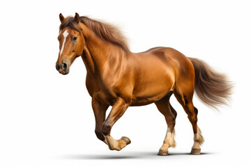 Brown horse is running on white background with long tail.