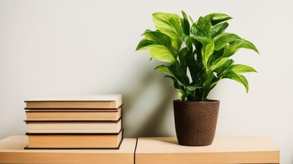 Houseplant stands next to a stack of books.