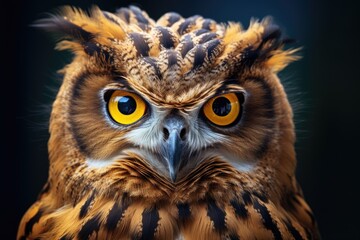 Obraz premium This close-up photo captures the detailed view of an owl with striking yellow eyes.