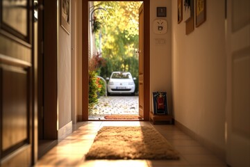 Open door house with car park view, view from inside, door open inside, welcome mat at door