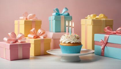 Obraz premium Celebration Cupcakes: A festive display of cupcakes with lit candles on a table, surrounded by soft lights and decorations.