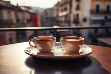 Two cups of coffee are placed on a saucer on a table.