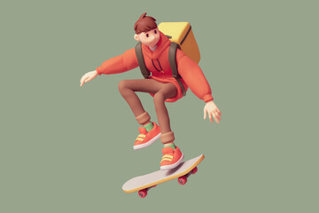 Young cute excited funny smiling active guy in fashion clothes red hoodie brown jeans, yellow thermal backpack delivers pizza jump up floats in air on skateboard have fun joy. 3d render green backdrop
