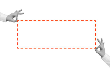 Hands creating a red dotted frame. Contemporary collage