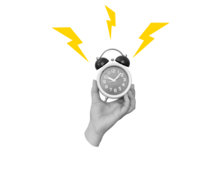 Collage with classic ringing alarm clock in a hand