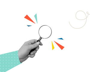 Contemporary collage with magnifying glass in hand