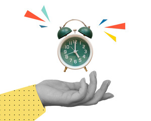 Collage with classic ringing alarm clock in a hand