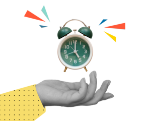 Collage with classic ringing alarm clock in a hand