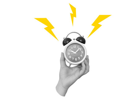 Collage with classic ringing alarm clock in a hand