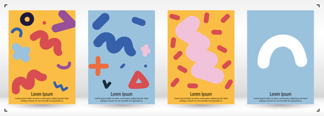 Abstract Minimal Vector Background in Trendy Doodle Style.   Vibrant Graphic Print with Dynamic Lines and Geometric Shapes.  Set of Vivid Poster 80s - 90s Design for Landing Page, Cover, Brochure.