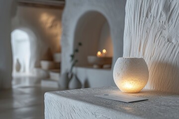 Fototapeta na wymiar Elegant scented candle display Elegant minimalist style on white shelves with textured vases and artistic illumination