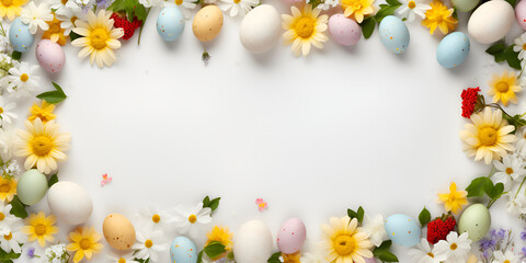 Naklejka na ściany i meble Spring flowers and colorful easter egg with pastel blue background.