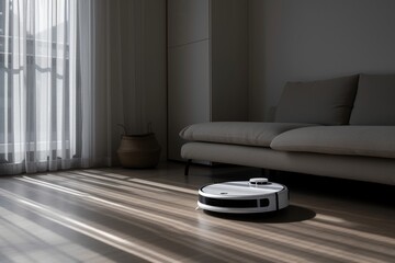 Robot vacuum cleaner, in a minimalist luxury living room, beautiful soft lighting and shadows