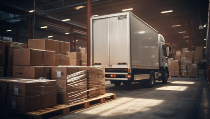 A large truck navigates through a warehouse packed with numerous boxes, showcasing the bustling activity of the logistics industry.