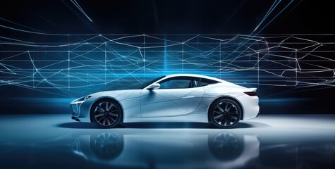A white sports car is photographed against a dark background, showcasing its sleek design and powerful presence.