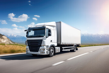A white semi truck is seen driving down a busy highway during the day.