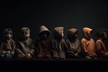 A group of teenage children of different races and genders sit in a row, black background isolate.