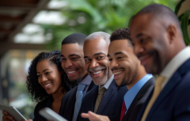 group of business men and women smiling in front of a tablet computer together