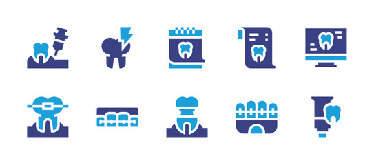 Dental icon set. Duotone color. Vector illustration. Containing calendar, anesthesia, computer, x ray, decay, implant, braces, toothpaste, brackets.